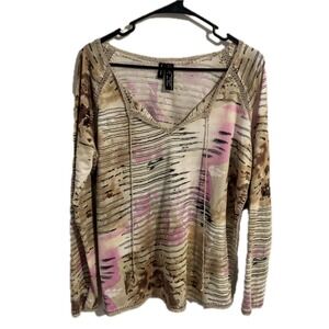 Lynn Ritchie Silk Cotton Abstract Print Crochet Trim Tassel Top Tan Pink Large